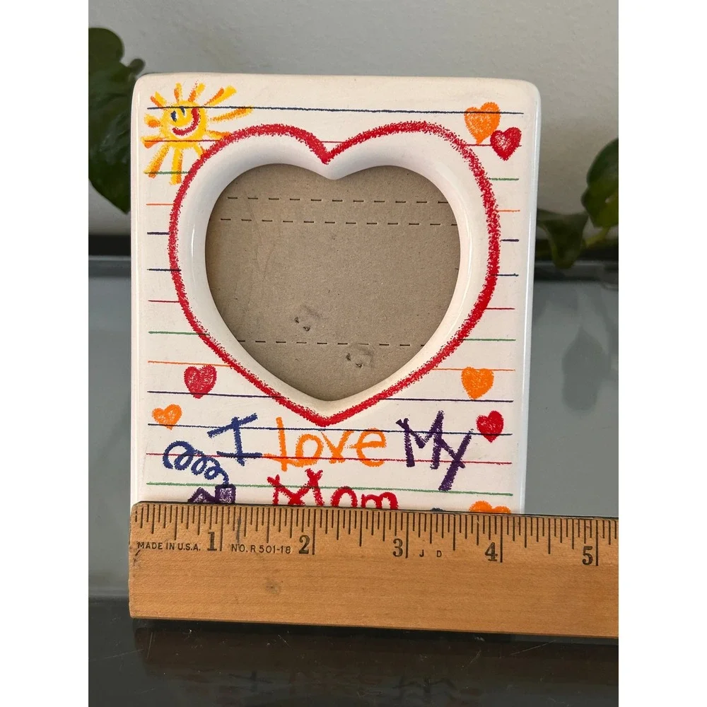 Vintage Papel I Love My Mom Ceramic Heart Picture Frame Crayon Drawing Mother